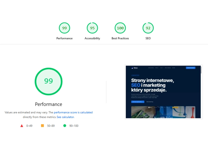 jak poprawić działanie strony — wynik PageSpeed Insights 99 punktów Performance optymalizacja strony tanza