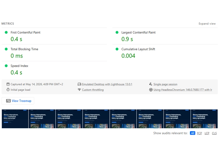 core web vitals metryki LCP 0.9s CLS 0.004 szybkość strony internetowej czas ładowania — PageSpeed Insights