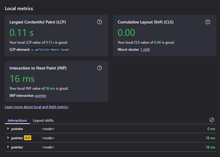 core web vitals local metrics LCP 0.11s INP 16ms CLS 0.00 — jak poprawić działanie strony google page speed lighthouse